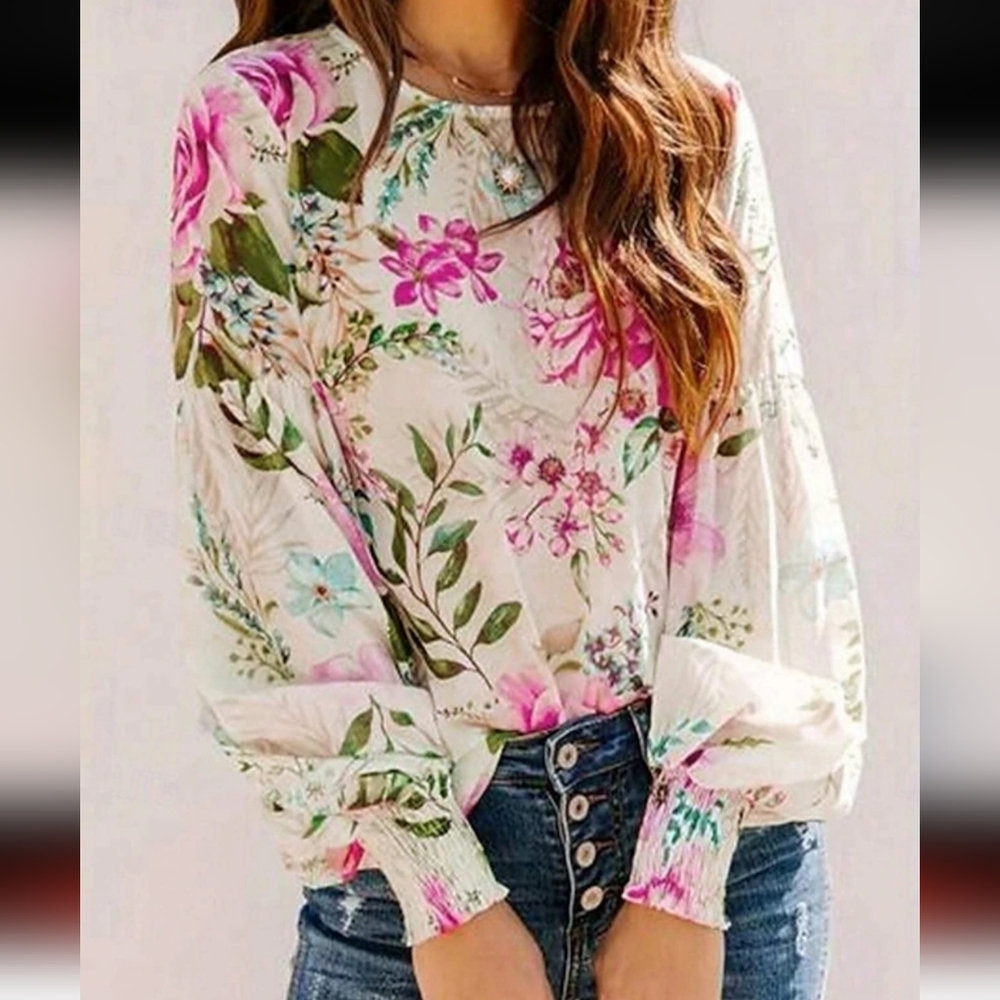 Vici Floral Long Sleeve Blouse in Pink, Green & Cream
